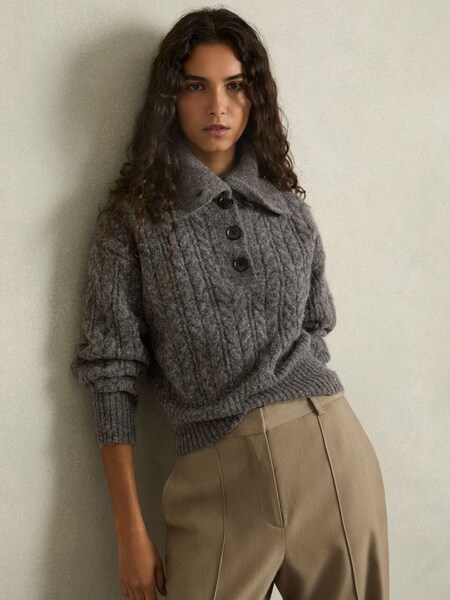 Cropped Cable-Knit Jumper With Mohair in Charcoal (AD9440) | £148