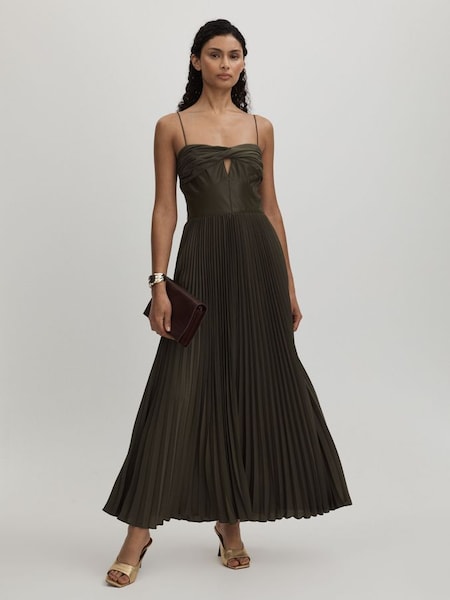 Amur Twist Pleated Maxi Dress in Olive (AL0569) | £608