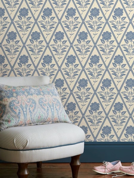 Cream/Blue Juliette Floral Print 10M Wallpaper (AL7083) | £48