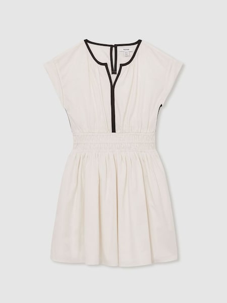 13-14 yrs Cotton Cap-Sleeve Ruched Dress in Ivory (AV5068) | £56