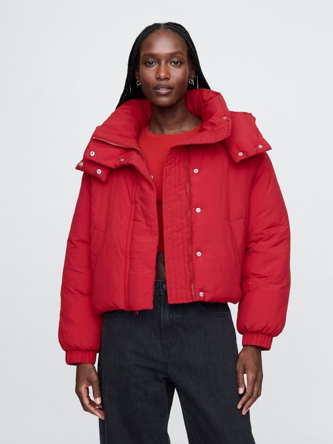 Womens red puffer jacket sales