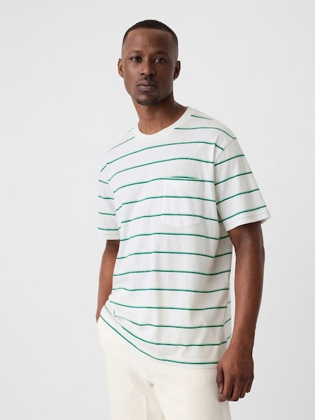 White/Green Stripe Original Pocket Short Sleeve Crew Neck T-Shirt (B01467) | £16