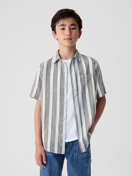 Green Stripe Linen Blend Short Sleeve Shirt (4-13yrs) (B01603) | £20