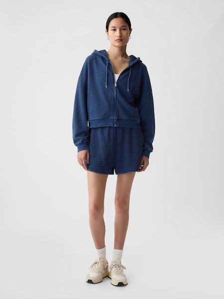Blue Cotton Textured Zip Up Cropped Hoodie (B05809) | £45