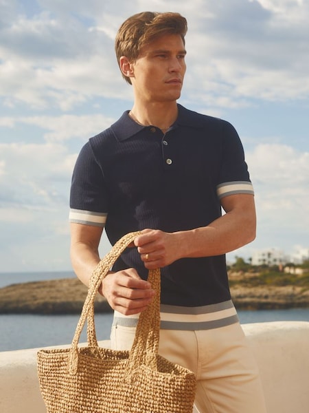 Ché Knitted Half-Button Polo Shirt in Navy (B07381) | £110