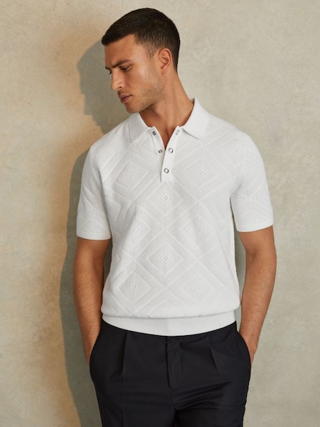 Cotton Textured Press-Stud Polo Shirt in Optic White (B10976) | £98