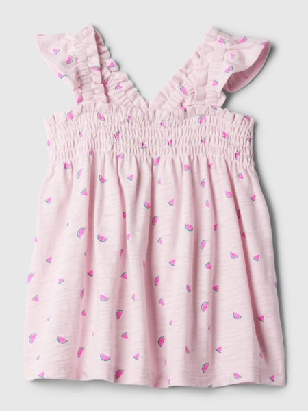 Pink Cotton Smocked Print Flutter Sleeve Baby Vest Top (12mths-5yrs) (B12022) | £12