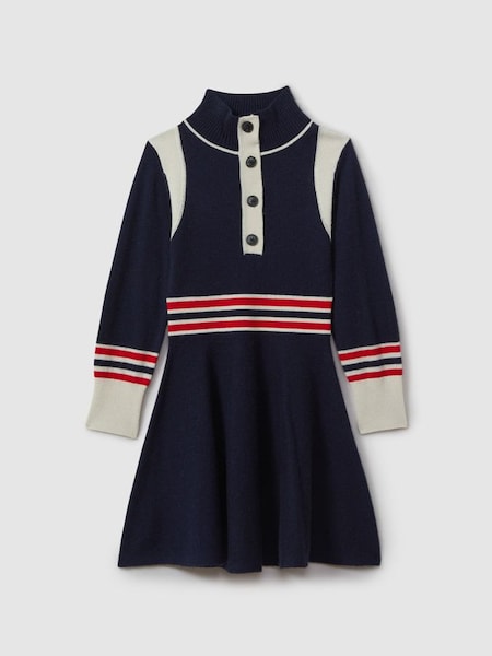 Teen Knitted Button-Through Funnel Neck Skater Dress in Navy (B12738) | £80