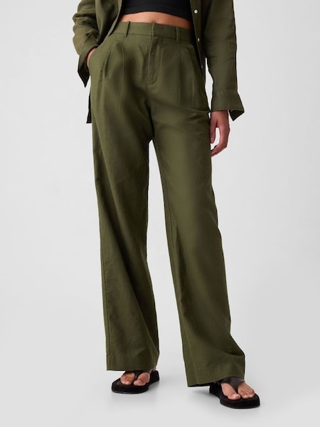 Green High Waisted Linen Cotton Trousers (B14829) | £60