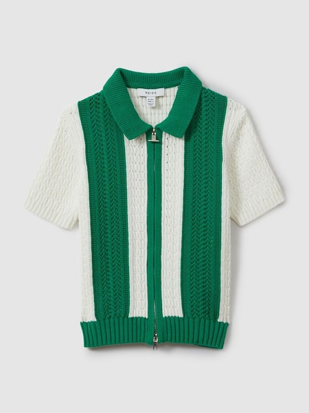 Knitted Cotton Zip Front Shirt in White/Bright Green (B14874) | £56