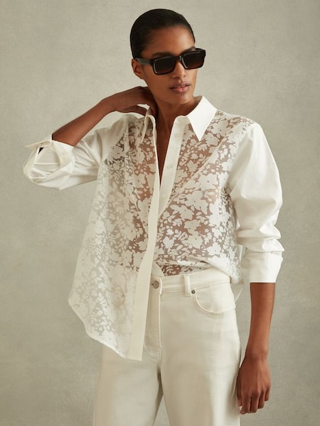 Cotton Burnout Floral Shirt in Ivory (B14968) | £168
