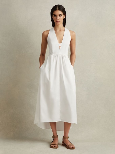 Petite Cotton Blend High-Low Midi Dress in White (B15162) | £148