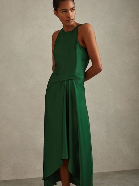 Satin Drape Tuck Midi Dress in Green (B15439) | £158