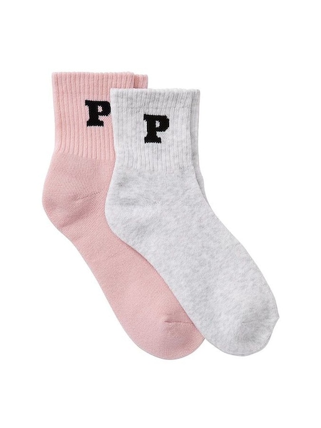 Grey & Pink 2 Pack Quarter Socks (B15579) | £15