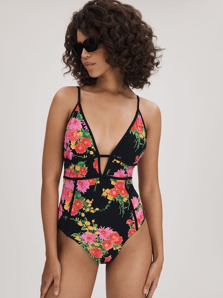 Florere Printed Plunge Neck Swimsuit in Pink/Black (B15844) | £98