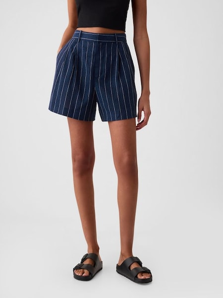 Navy Pinstripe 4" Linen Cotton Everyday Shorts (B17910) | £30