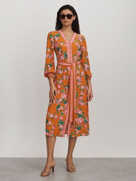Raishma Silk Belted Midi Dress in Orange (B21789) | £495