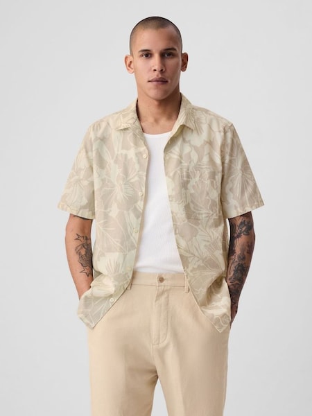 Beige Linen Cotton Short Sleeve Shirt (B25985) | £40