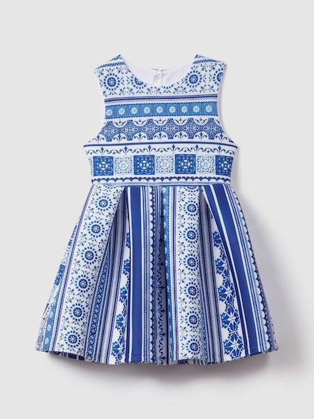 Junior Tile Print Scuba Fit-and-Flare Dress in Blue Print (B34810) | £55