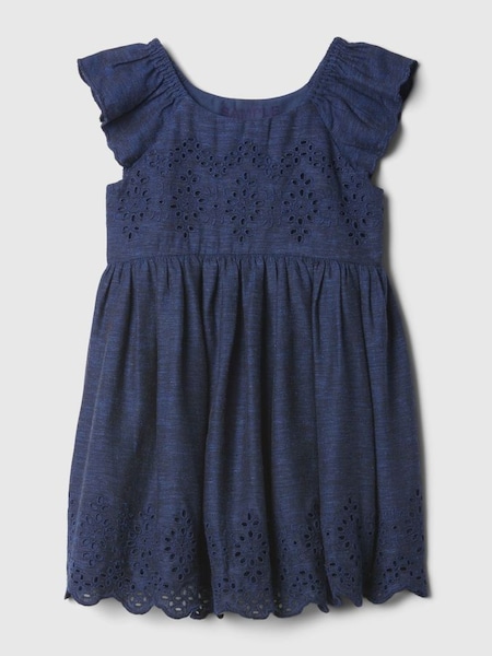 Navy/Blue Cotton Eyelet Flutter Sleeve Baby Dress (Newborn-5yrs) (B42824) | £30