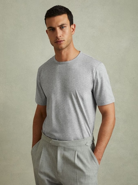 Mercerised Cotton Crew Neck T-Shirt in Grey Melange (B48306) | £48