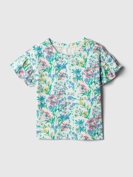 White, Blue & Pink Floral Print Flutter Short Sleeve Crew Neck T-Shirt (3mths-5yrs) (B64502) | £8