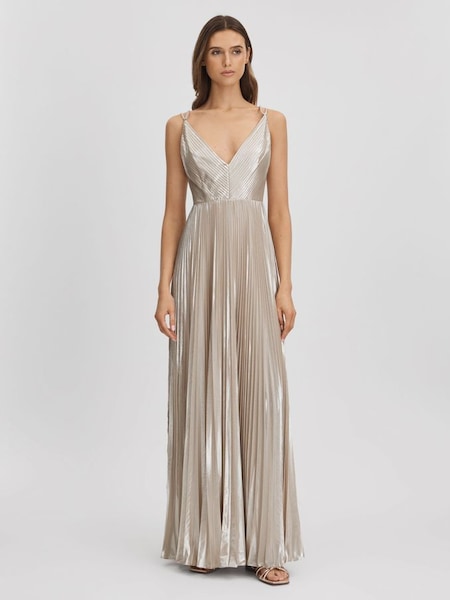 Halston Metallic Pleated Maxi Dress in Nude (B67057) | £1,090