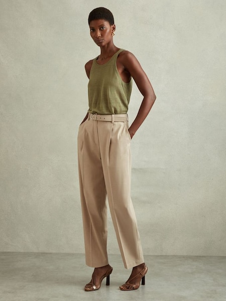 Tapered Belted Trousers in Neutral (B71081) | £128