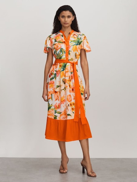 Raishma Silk Floaty Sleeve Midi Dress in Orange (B77828) | £395