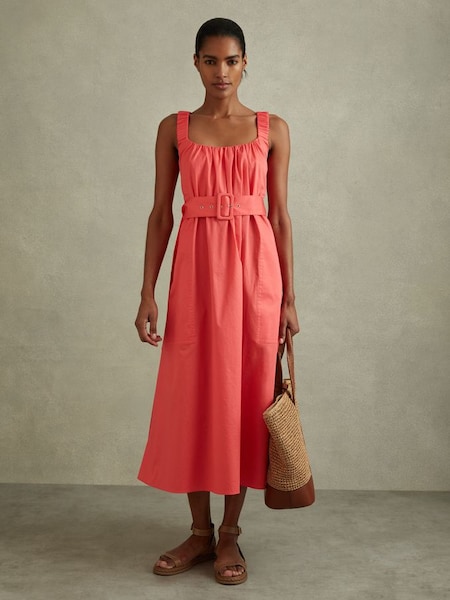 Cotton Ruched Strap Belted Midi Dress in Coral (B78656) | £148