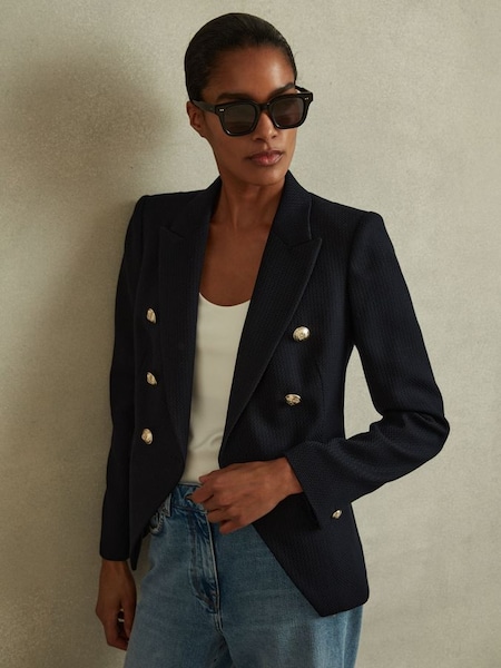 Petite Tailored Fit Textured Double Breasted Blazer in Navy (B82432) | £278