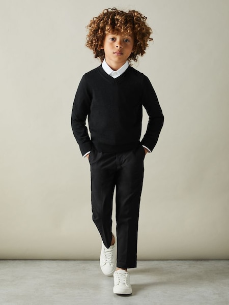 9-13 yrs Merino Wool V-Neck Jumper in Black (B83041) | £32