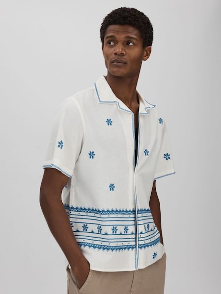 Wax London Relaxed Cotton Linen Embroidered Shirt in Blue/Ecru (B85969) | £125
