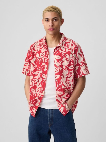 Red Floral Linen Cotton Short Sleeve Shirt (B90165) | £40
