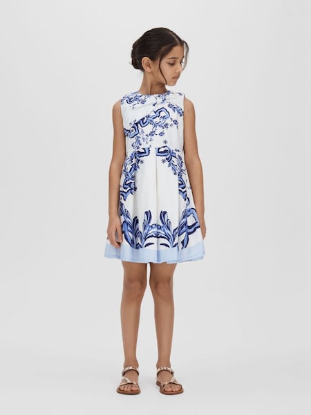 Junior Cotton Tile Print Pleated Dress in Blue Print (B98244) | £65