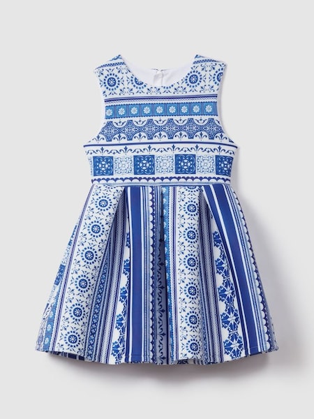 Teen Tile Print Scuba Fit-and-Flare Dress in Blue Print (B98603) | £63