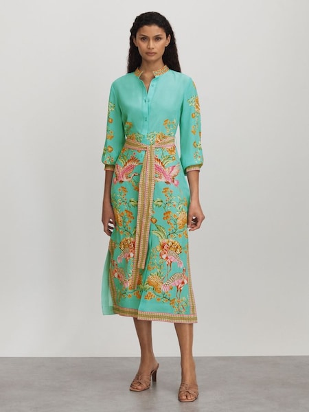 Raishma Silk Printed Belted Midi Dress in Sky Blue (B99268) | £450