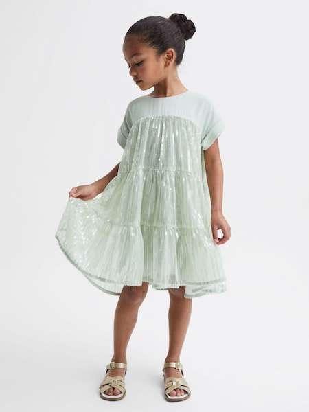 Junior Sequin Tiered Dress in Sage (C01183) | £55