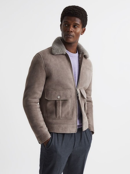 Double Ended Zip Through Shearling Jacket in Grey (C05591) | £525