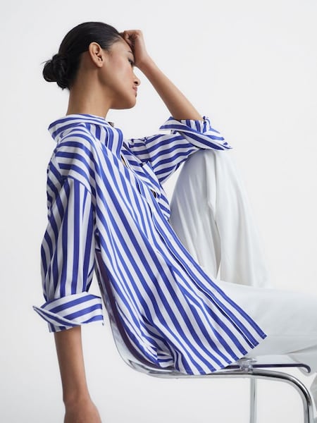 Relaxed Fit Striped Cotton Shirt in Blue/White (C06306) | £110