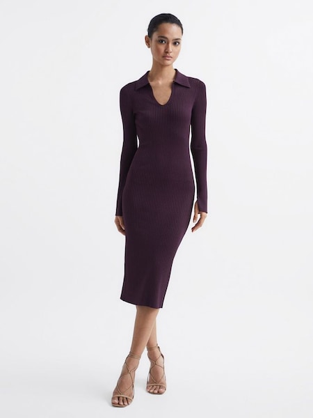Collared Knitted Bodycon Dress in Purple (C07958) | £75