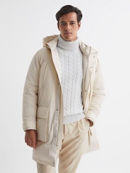 Hooded Quilted Mid Length Parka in White (C08483) | £155