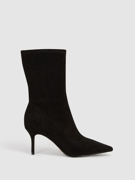 Pointed Kitten Heel Suede Boots in Black (C09128) | £70
