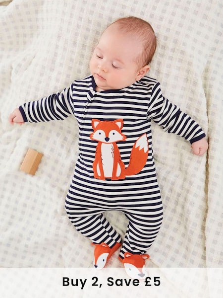 Navy Ecru Stripe Fox Appliqué Zip Cotton Baby Sleepsuit (C09716) | £21