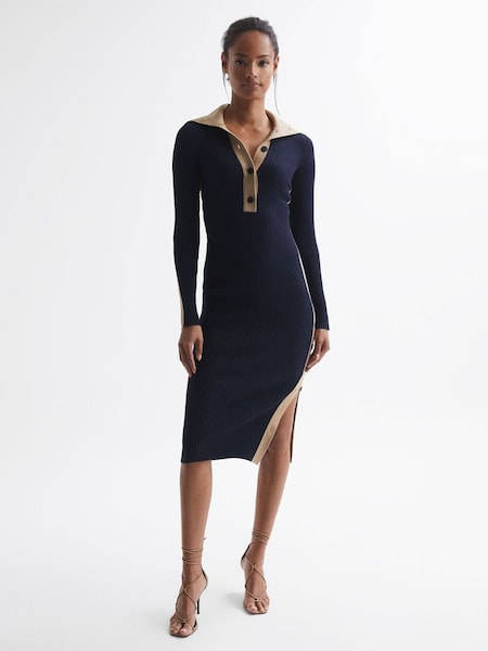 Knitted Bodycon Midi Dress in Navy/Camel (C10471) | £110