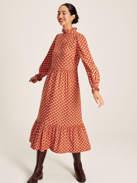 Josie Burnt Orange Midi Tier Dress with Frill Neck (C10795) | £27