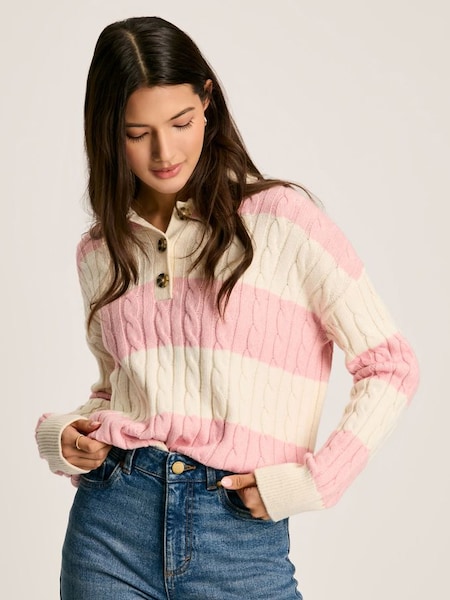Love All Pink Cable Knit Jumper with Button Collar (C13574) | £64.95