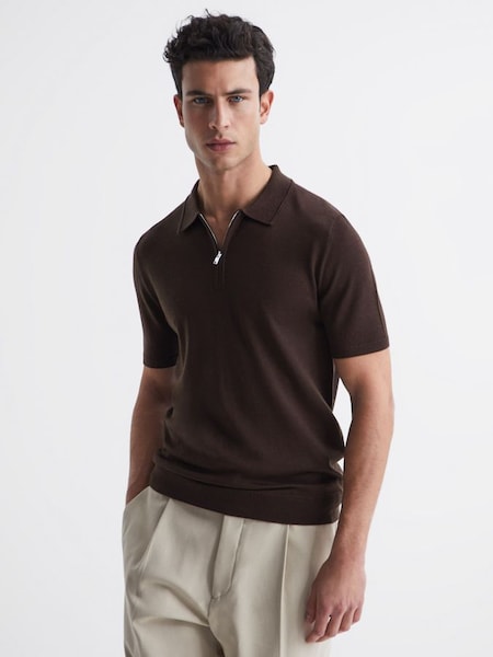 Merino Wool Half-Zip Polo Shirt in Bitter Chocolate (C16075) | £50