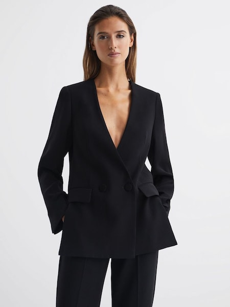 Collarless Double Breasted Suit Blazer in Black (C19628) | £110