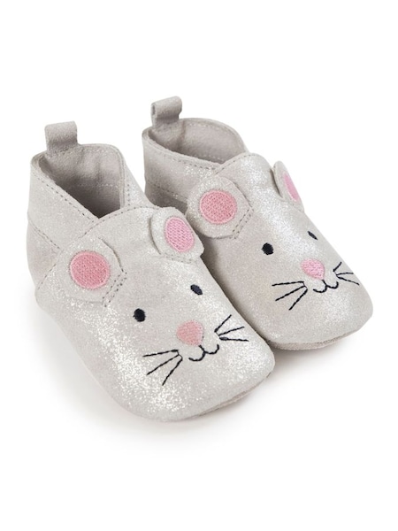 Mouse Leather Baby Booties in Silver (C19723) | £19.50